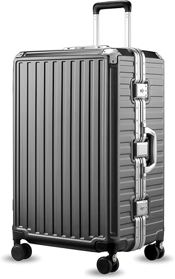 Checked Suitcase with Spinner Wheels, 28 Inch Aluminum Frame Zipperless Polycarbonate Hard Shell Suitcase, Charcoal Metallic
