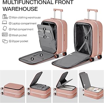 Carry On Luggage, 20'' Suitcase with Front Laptop Pocket, Travel Rolling Luggage
